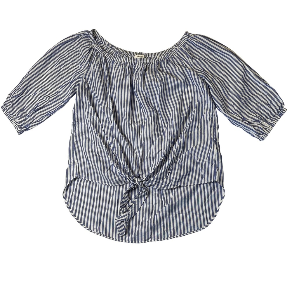 Beach lunch lounge Blue White Striped Off Shoulder Tie Front Blouse Small S/P